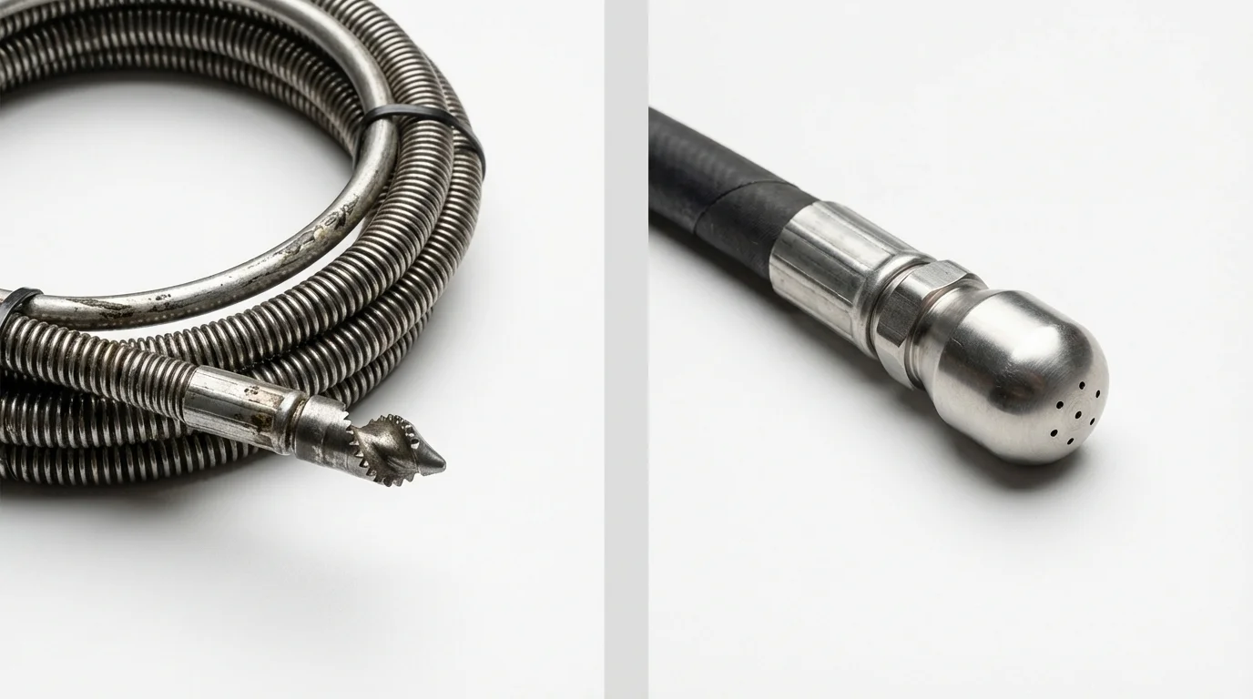 Drain snake cable and hydro jetting nozzle used for drain cleaning in Westville, NJ
