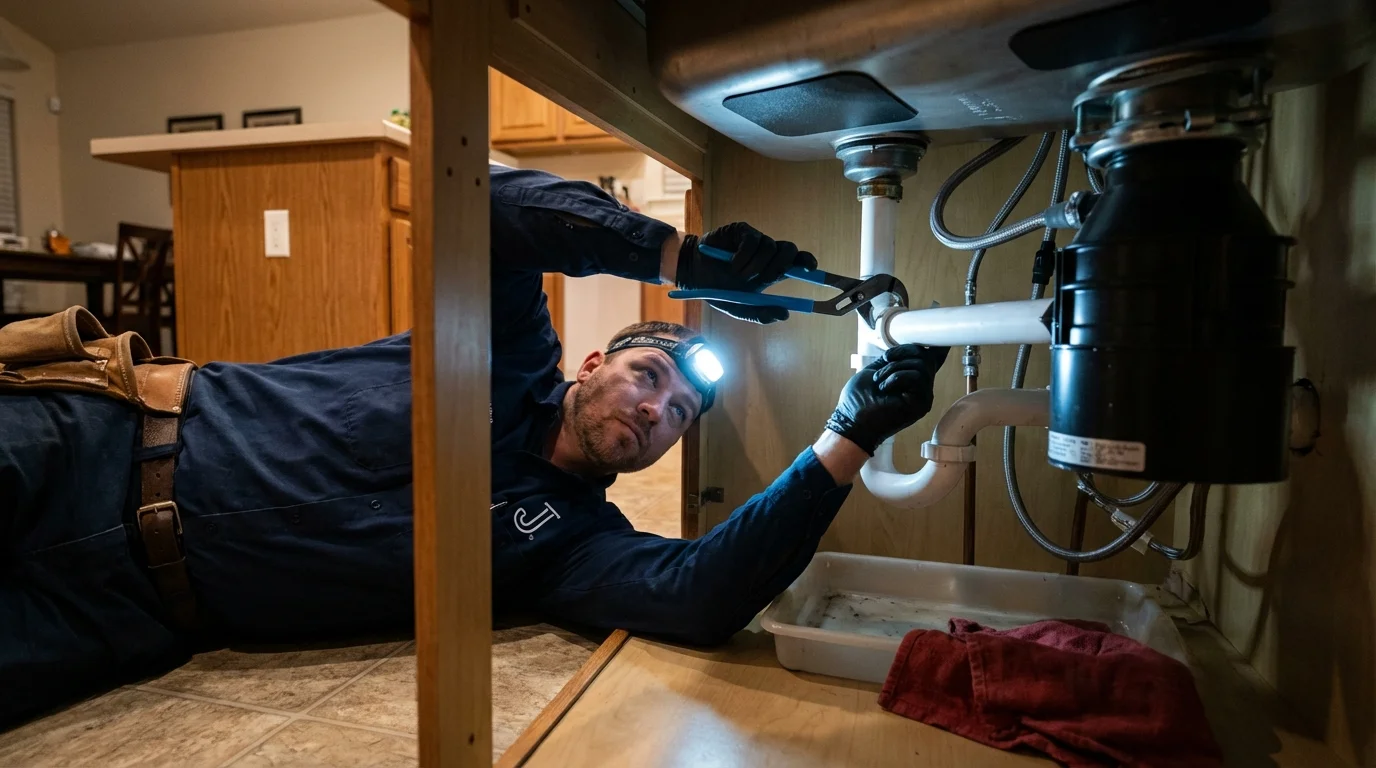 P-trap and supply line connections under a kitchen sink showing a common leak point in Westville, NJ